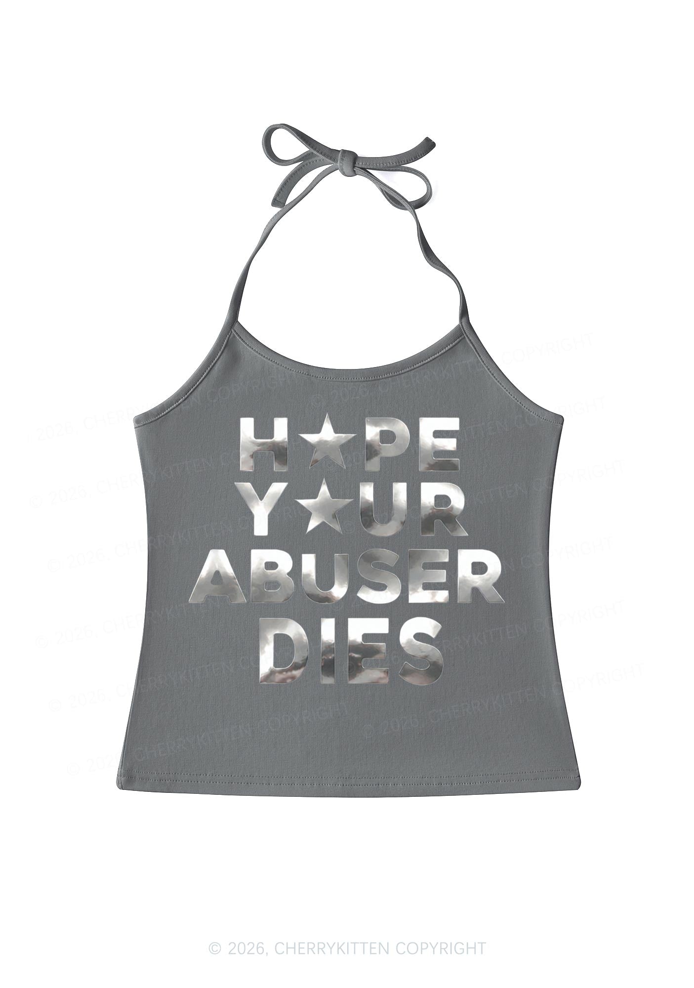 Abuser Dies Silver Foil Printed Y2K Halter Neck Cami Cherrykitten