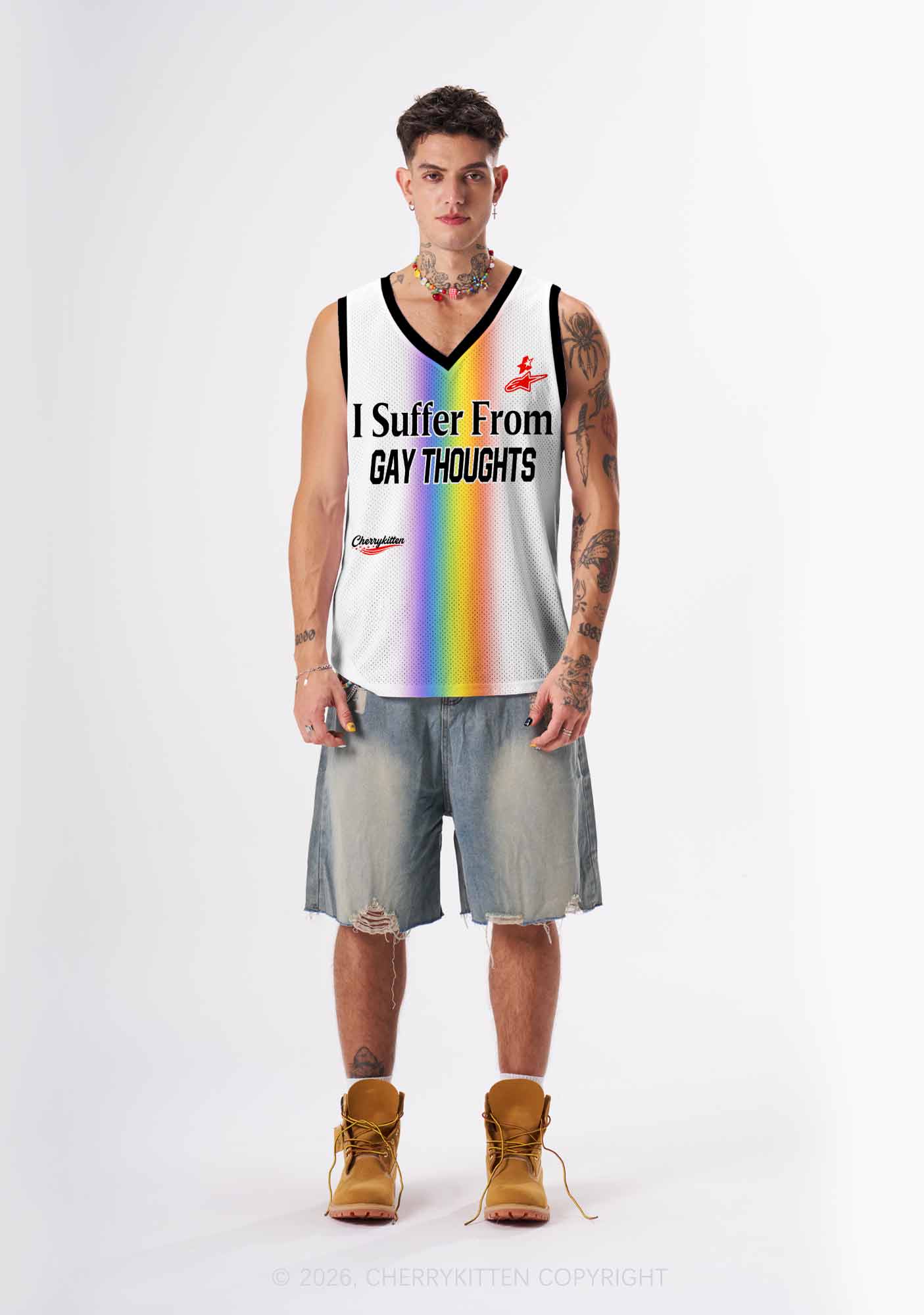 Rainbow Stripes Gay Thoughts Pride Y2K Sport Jersey Tank Cherrykitten