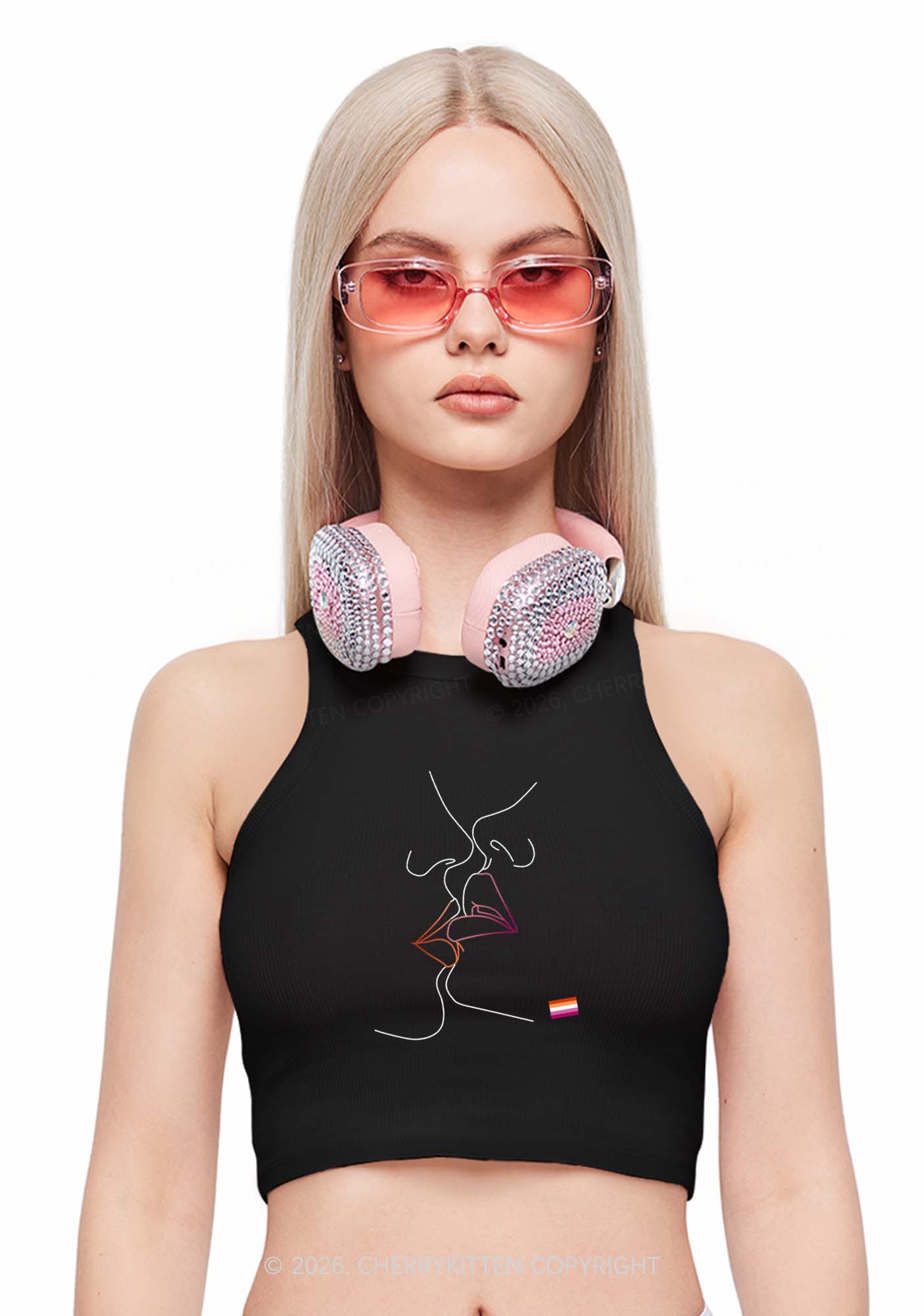 Lesbian Kiss Pride Y2K Crop Tank Top Cherrykitten