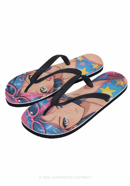Kawaii Manga Girl Y2K Print Flip Flops Cherrykitten
