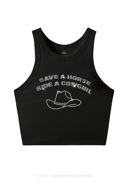 Rhinestone Save Horse Ride Cowgirl Y2K Crop Tank Top Cherrykitten