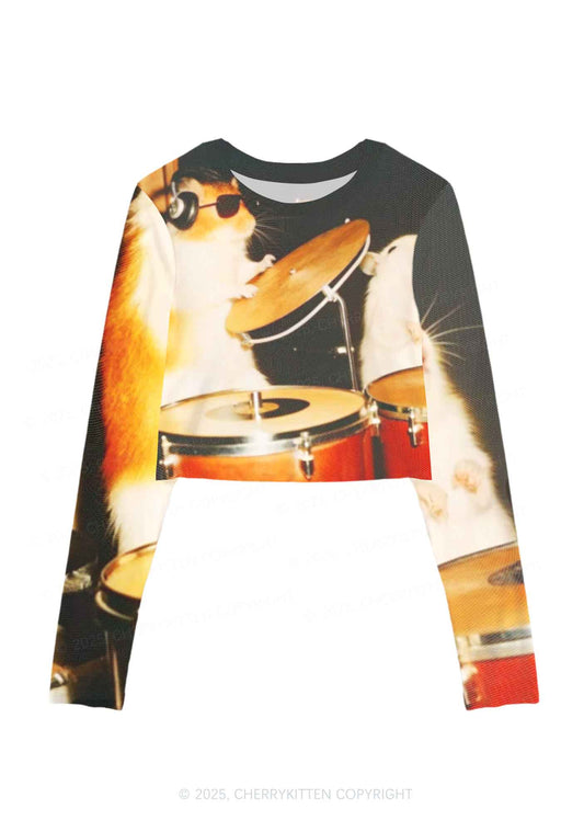 Rats Drummer Y2K Mesh Long Sleeve Crop Top Cherrykitten