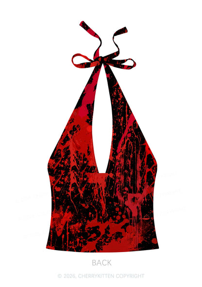 Halloween Red Blood On Black Y2K Print Halter Deep V Neck Cami Cherrykitten