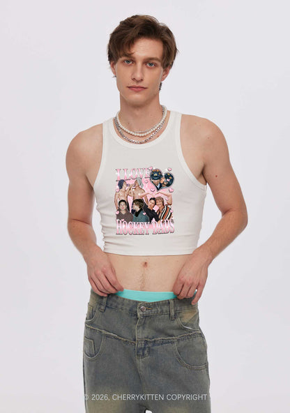 Pink Heart I Love Hockey Dads HR Y2K Crop Tank Top Cherrykitten
