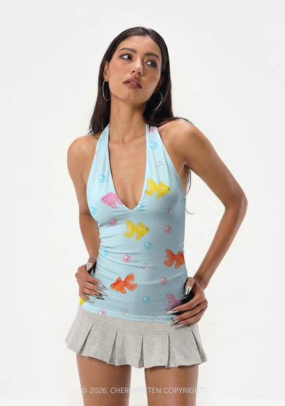 Candy Goldfish Bubble Y2K Print Halter Deep V Neck Cami Cherrykitten