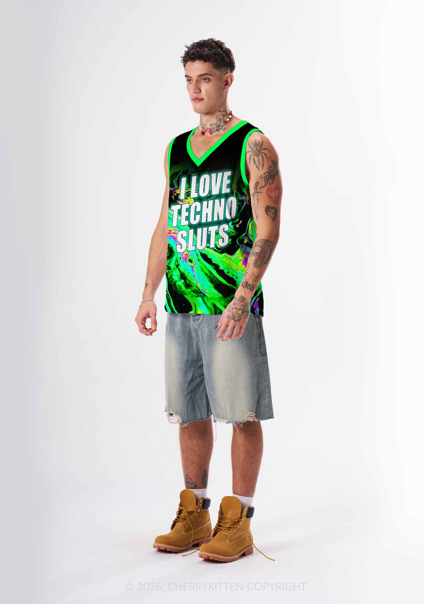 Green Liquid Swirl I Love Techno Slxts Y2K Sport Jersey Tank Cherrykitten