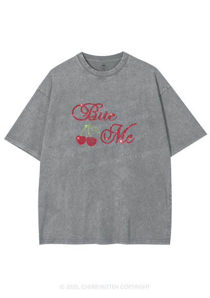 Rhinestone Red Cherry Bite Me Y2K Shirts Washed Tee Cherrykitten