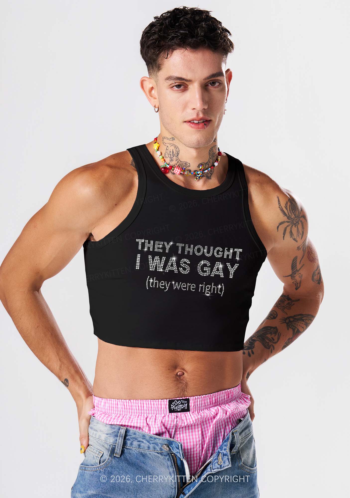 Rhinestone They Thought I Was Gay Pride Y2K Crop Tank Top Cherrykitten