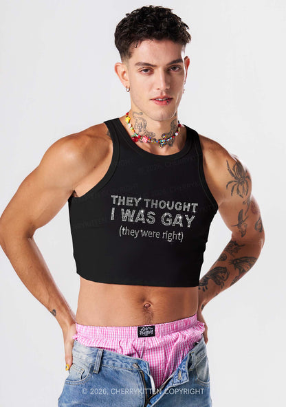 Rhinestone They Thought I Was Gay Pride Y2K Crop Tank Top Cherrykitten