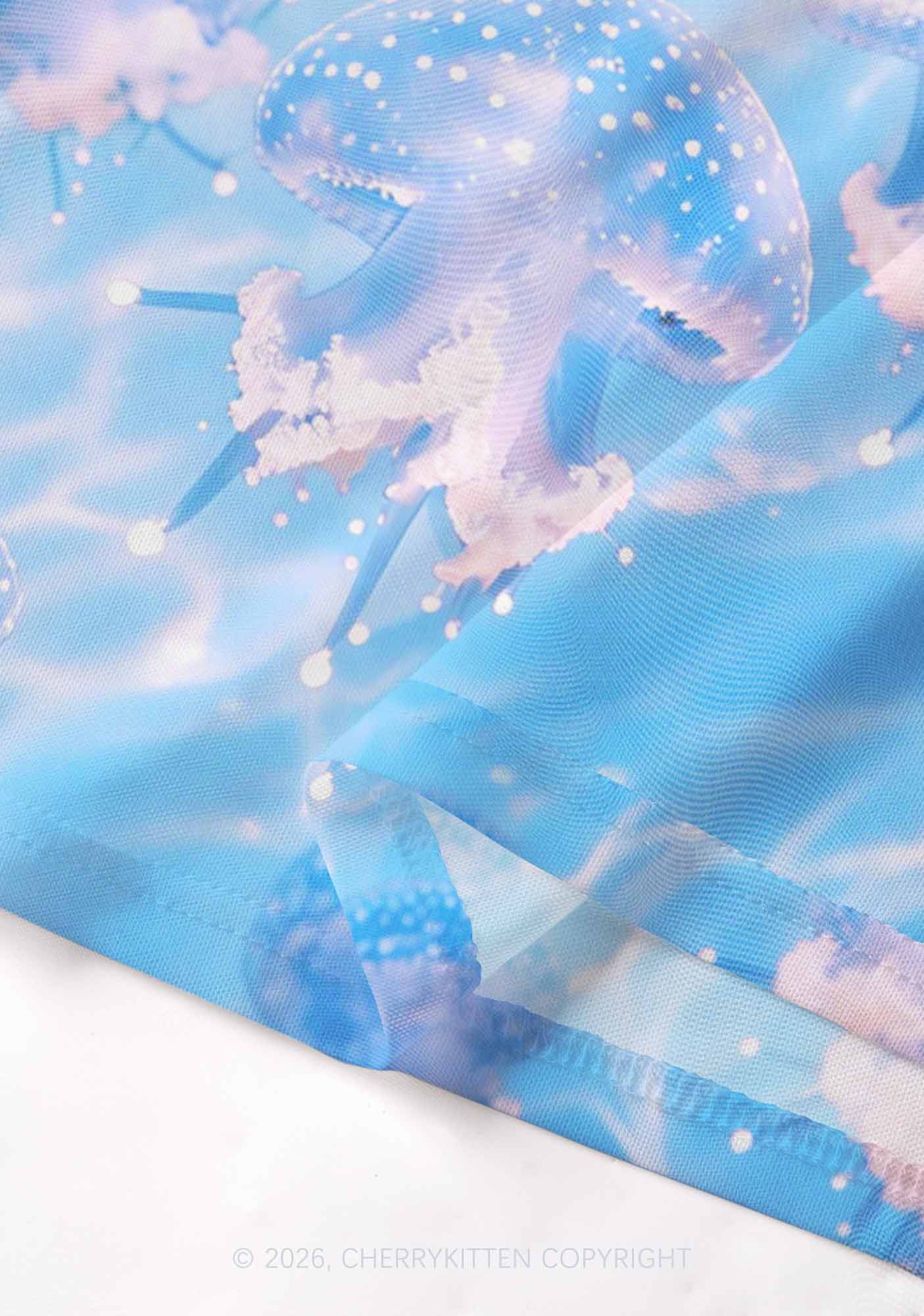 Blue Ocean Jellyfish Y2K Mesh Crop Top Cherrykitten