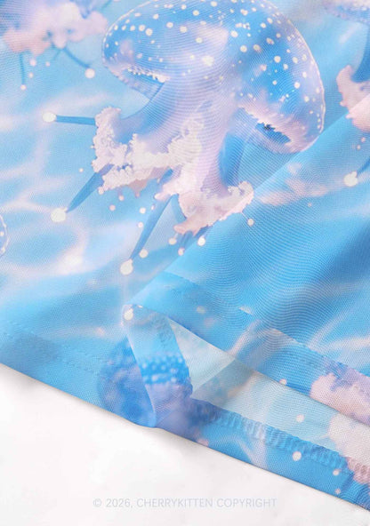 Blue Ocean Jellyfish Y2K Mesh Crop Top Cherrykitten
