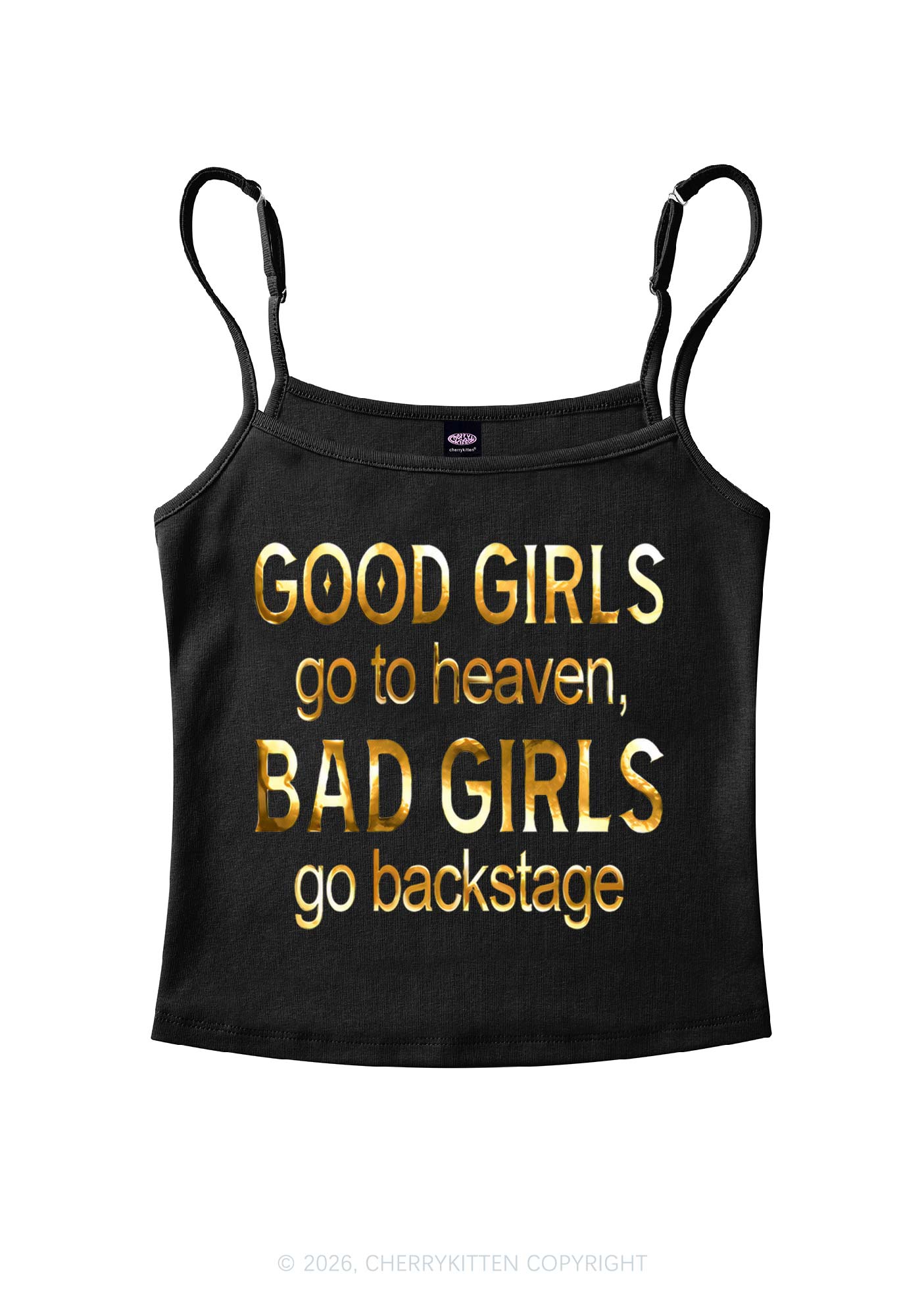 Bad Girls Go Backstage Silver Foil Printed Y2K Spaghetti Strap Cami Cherrykitten