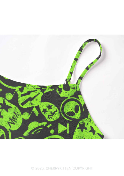 Green Alien Doodle Y2K Mesh Cami Tank Cherrykitten