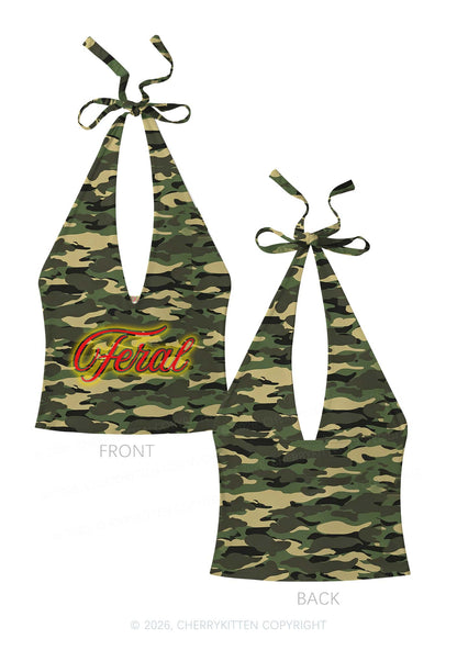 Feral Camo Y2K Print Halter Deep V Neck Cami Cherrykitten