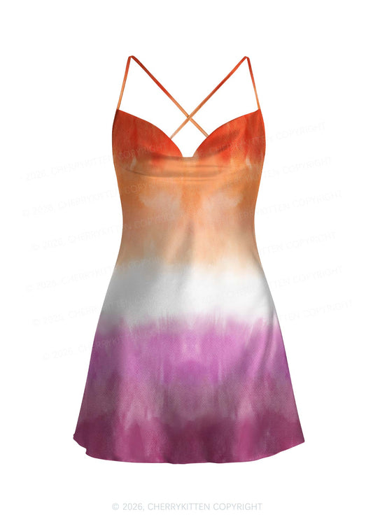 Lesbian Flag Pride Y2K Print Satin Cowl Neck Slip Dress Cherrykitten