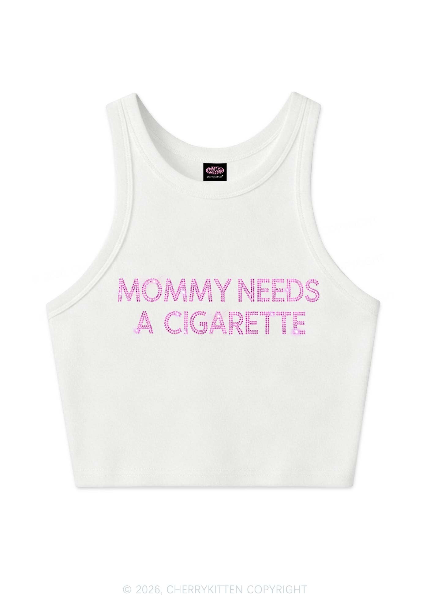 Rhinestone Mommy Needs Cigarette Y2K Crop Tank Top Cherrykitten