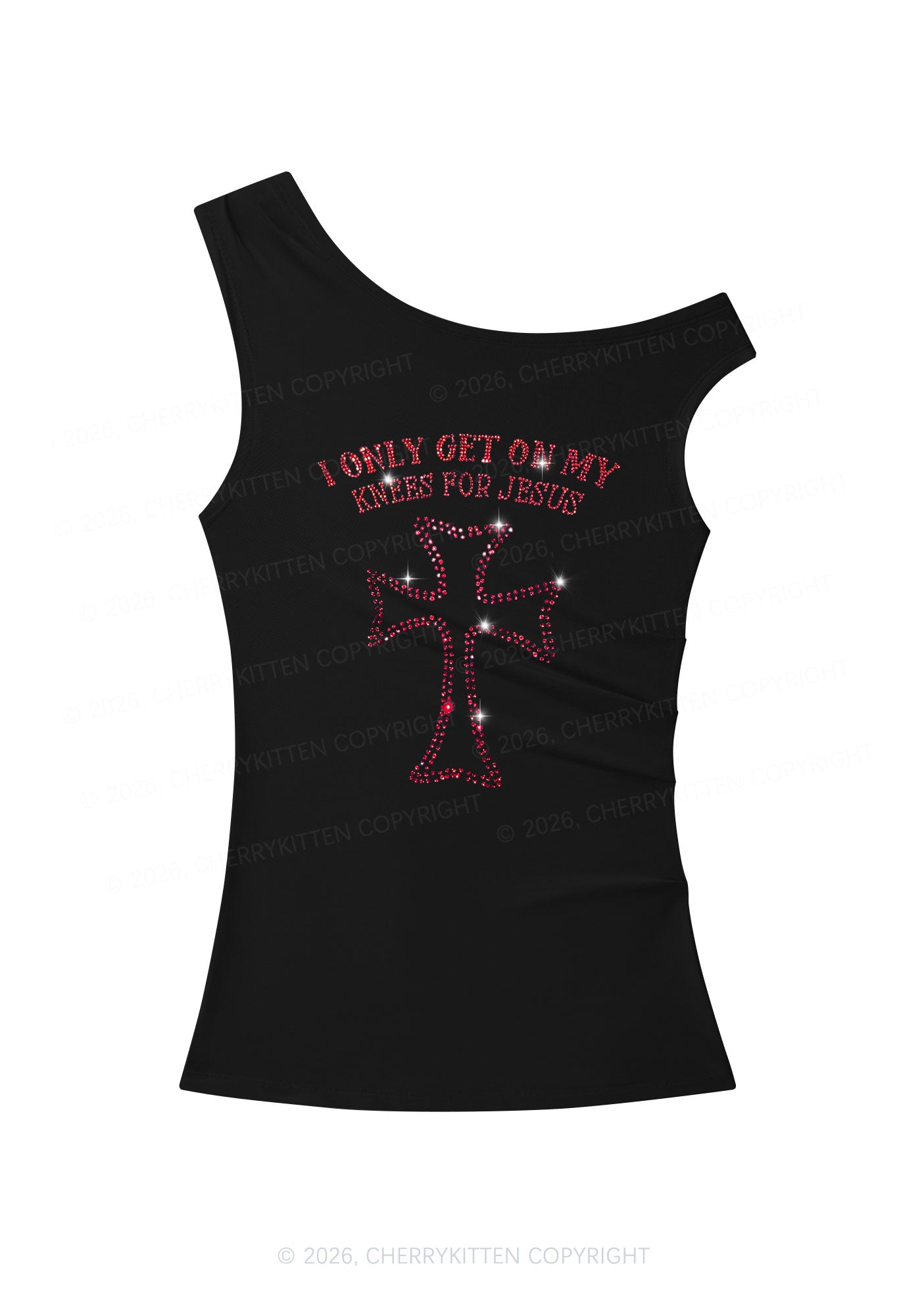 Rhinestone Get On Knees For Jesus Y2K Off Shoulder Tank Top Cherrykitten
