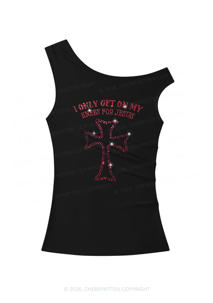 Rhinestone Get On Knees For Jesus Y2K Off Shoulder Tank Top Cherrykitten