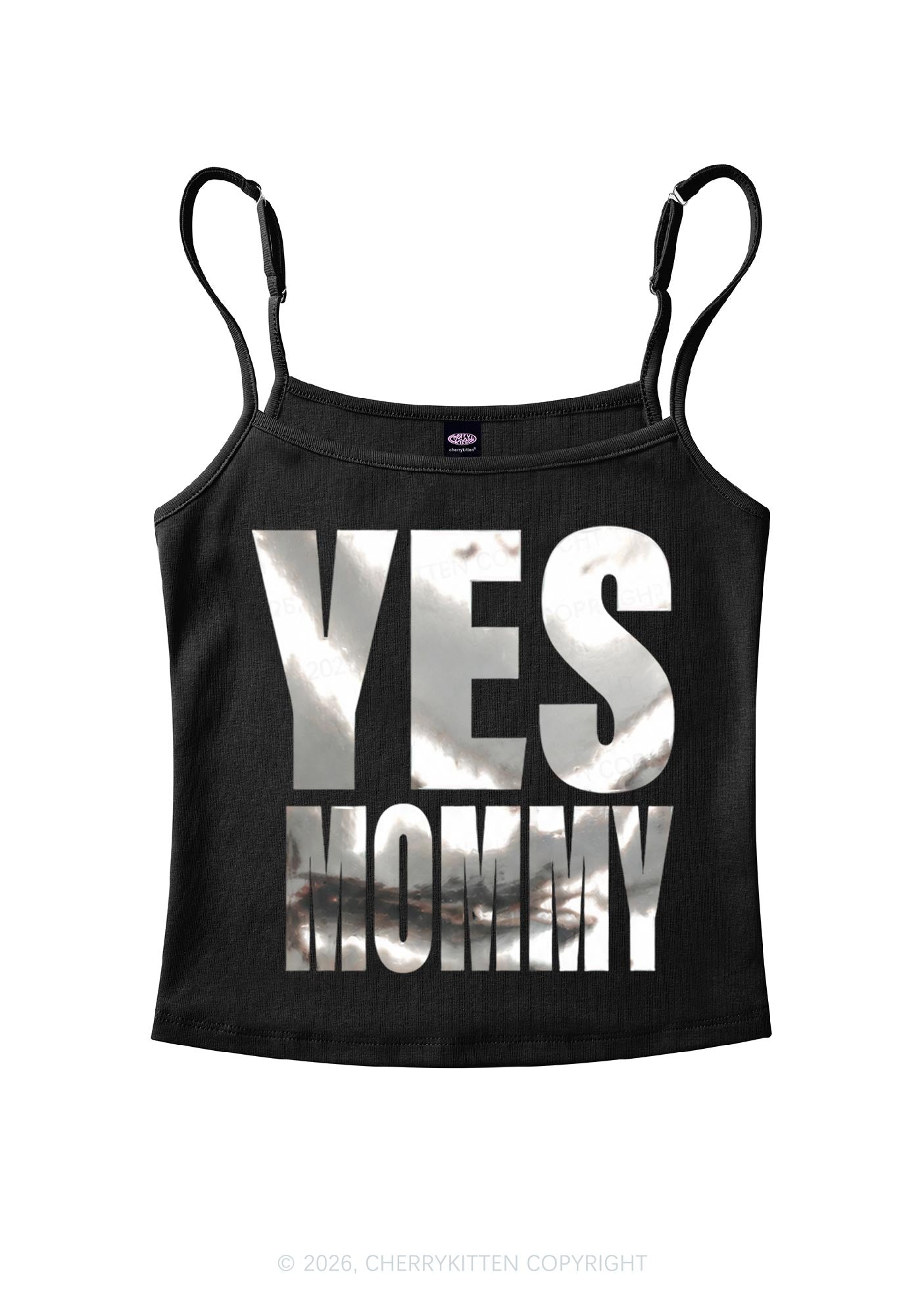 Yes Mommy Silver Foil Printed Y2K Spaghetti Strap Cami Cherrykitten