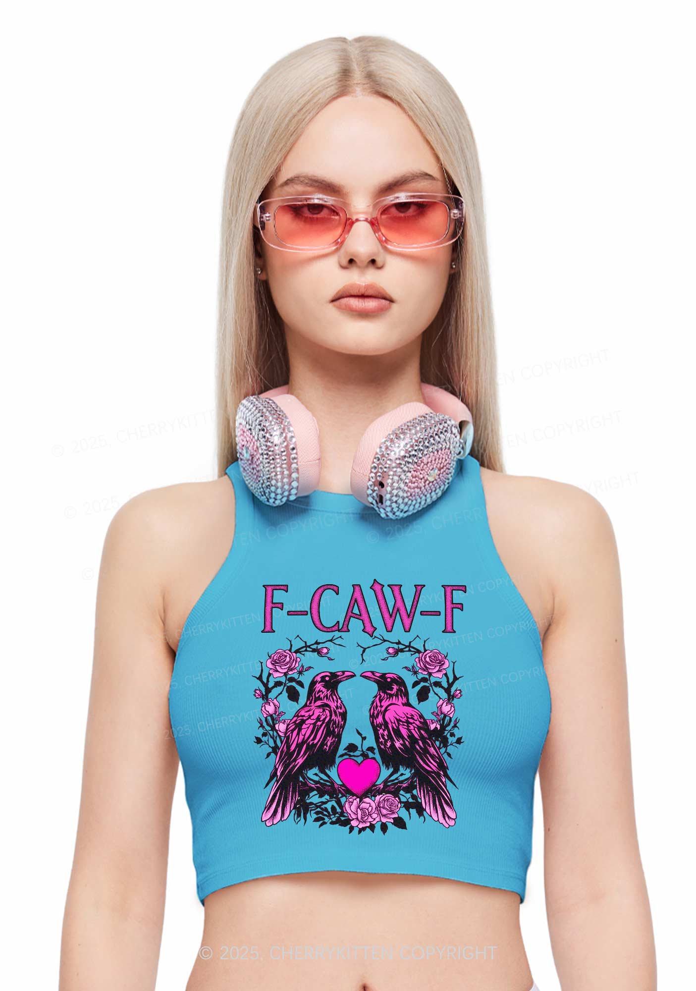 F CAW F Pink Ravens Valentine's Day Y2K Crop Tank Top Cherrykitten