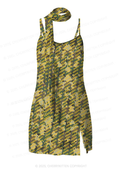 Wild Camouflage Feral Y2K Mesh Slip Dress With Scarf Set Cherrykitten