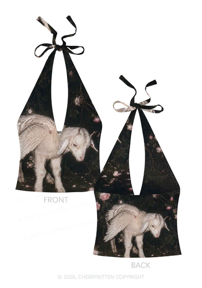 Winged Baby Goat Y2K Print Halter Deep V Neck Cami Cherrykitten