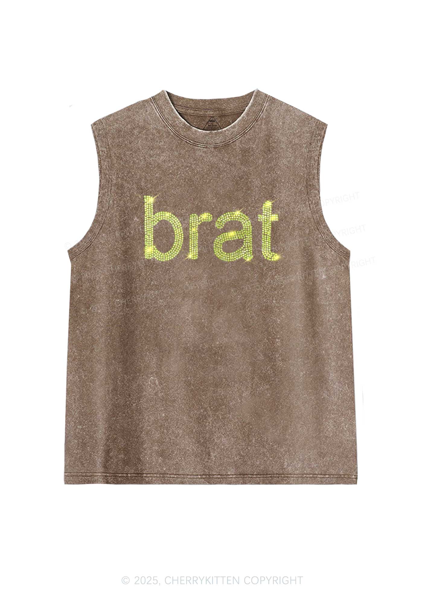 Rhinestone Green Brat Y2K Washed Muscle Tank Cherrykitten