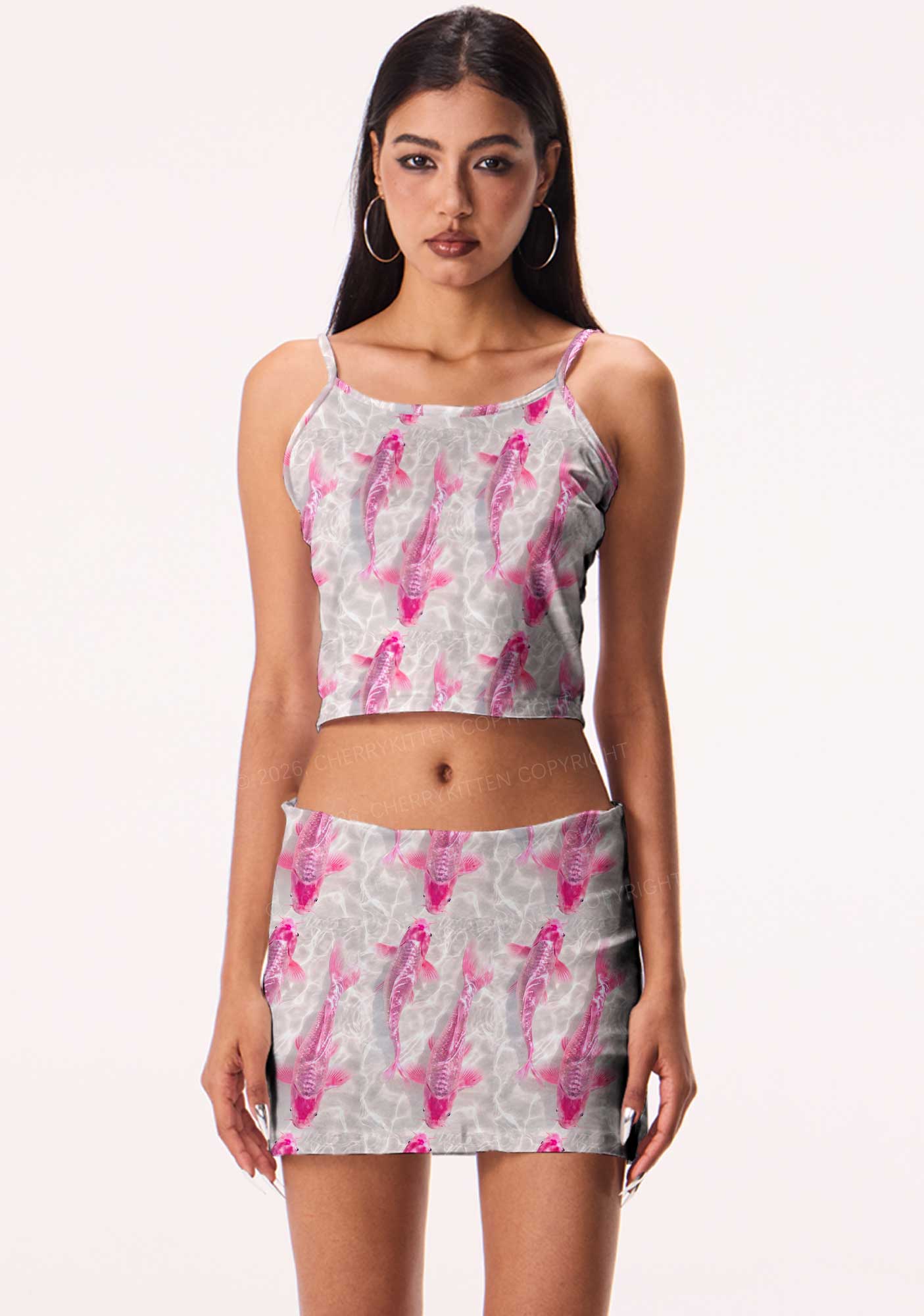 Pink Carp Water Ripple Y2K Print Mini Skirt Cherrykitten