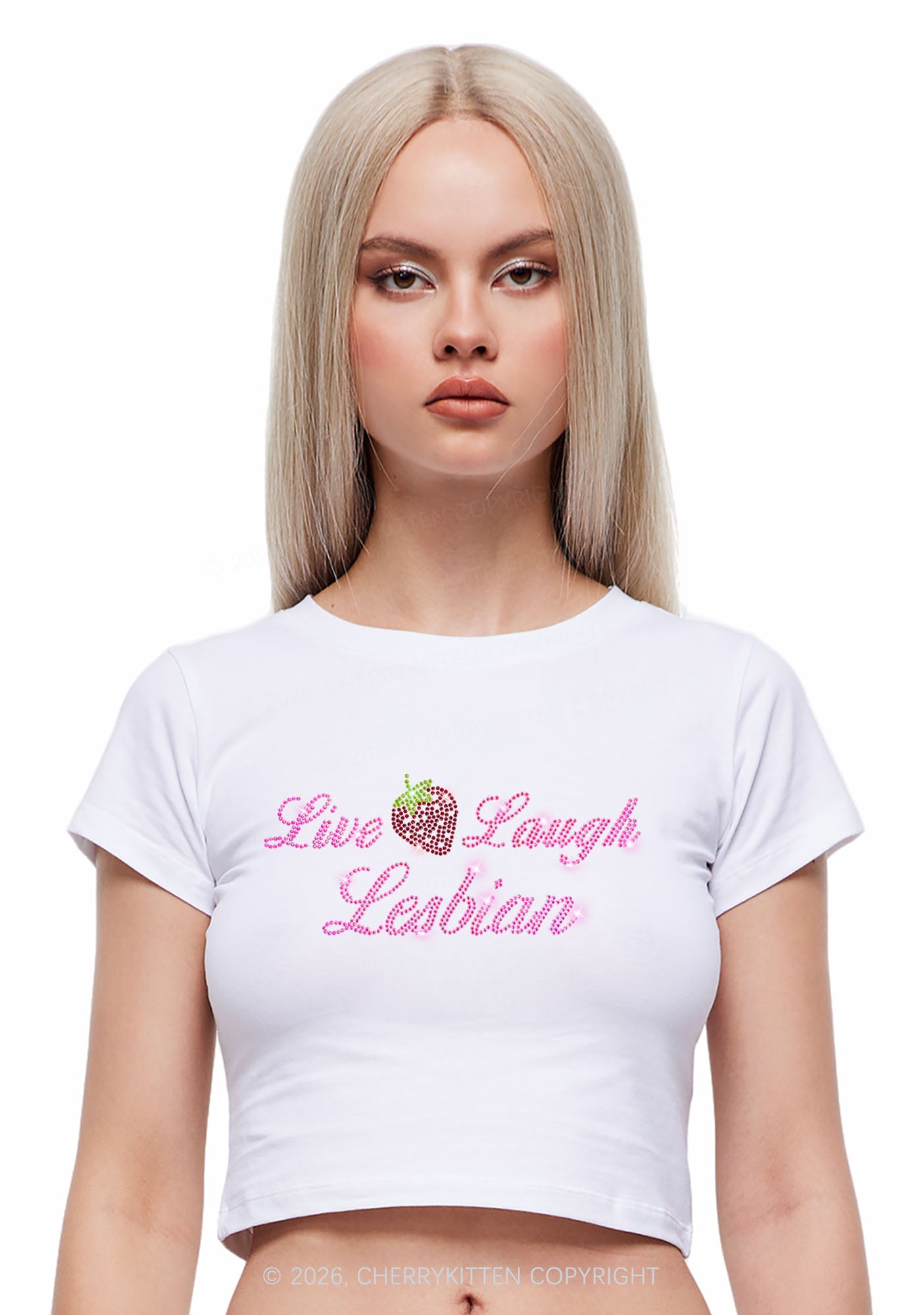 Rhinestone Live Laugh Lesbian Strawberry Pride Y2K Baby Tee Cherrykitten