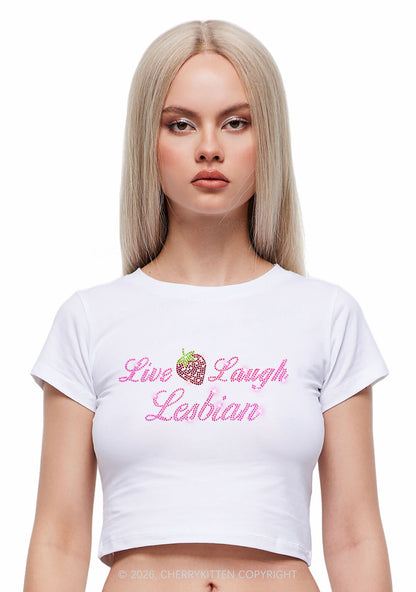 Rhinestone Live Laugh Lesbian Strawberry Pride Y2K Baby Tee Cherrykitten