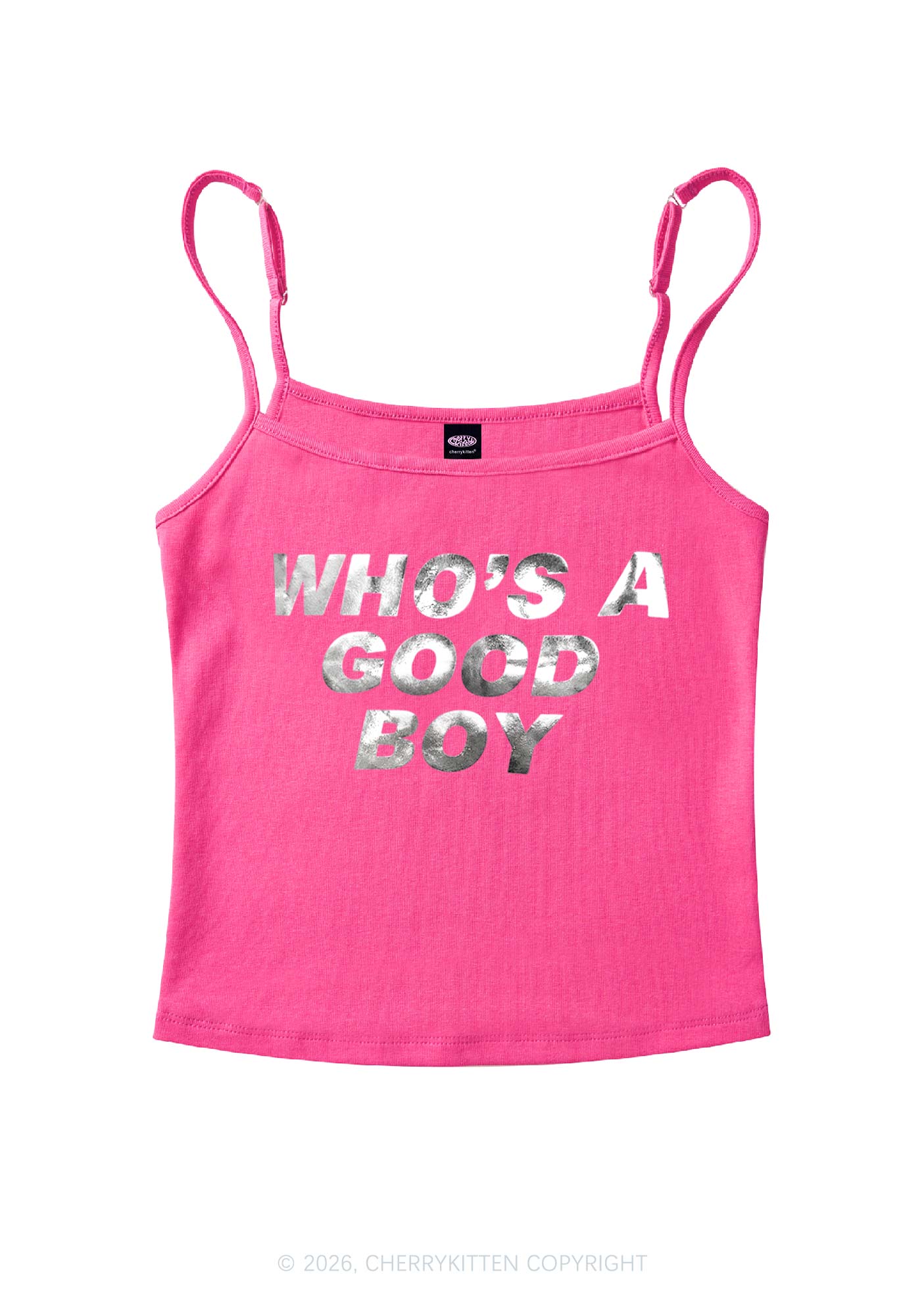 Whos A Good Boy Silver Foil Printed Y2K Spaghetti Strap Cami Cherrykitten