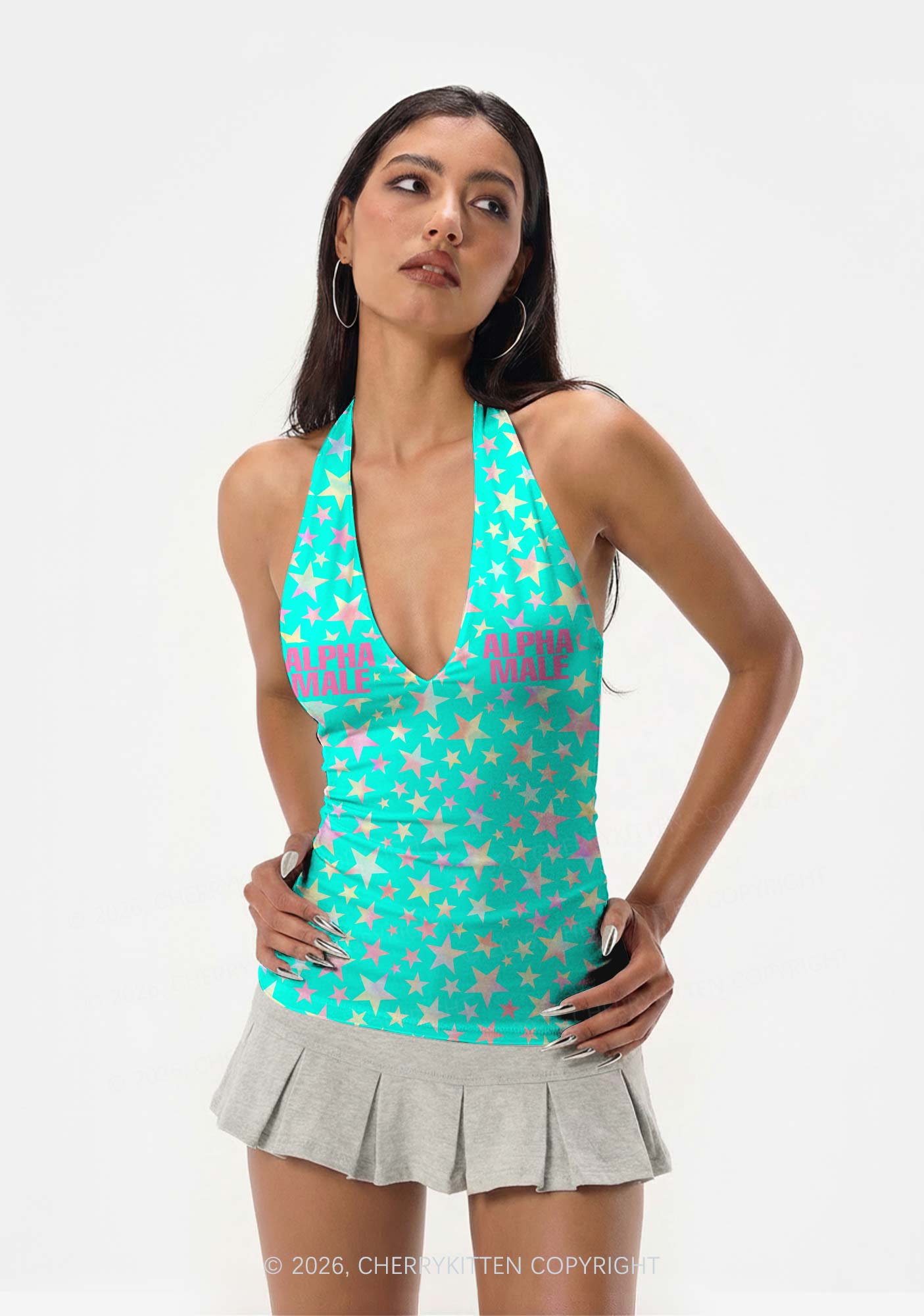 Blue Alpha Male Star Y2K Print Halter Deep V Neck Cami Cherrykitten