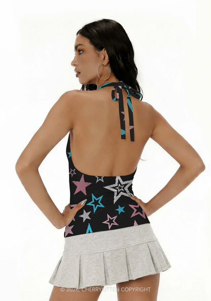 Trans Star Pride Y2K Print Halter Deep V Neck Cami Cherrykitten