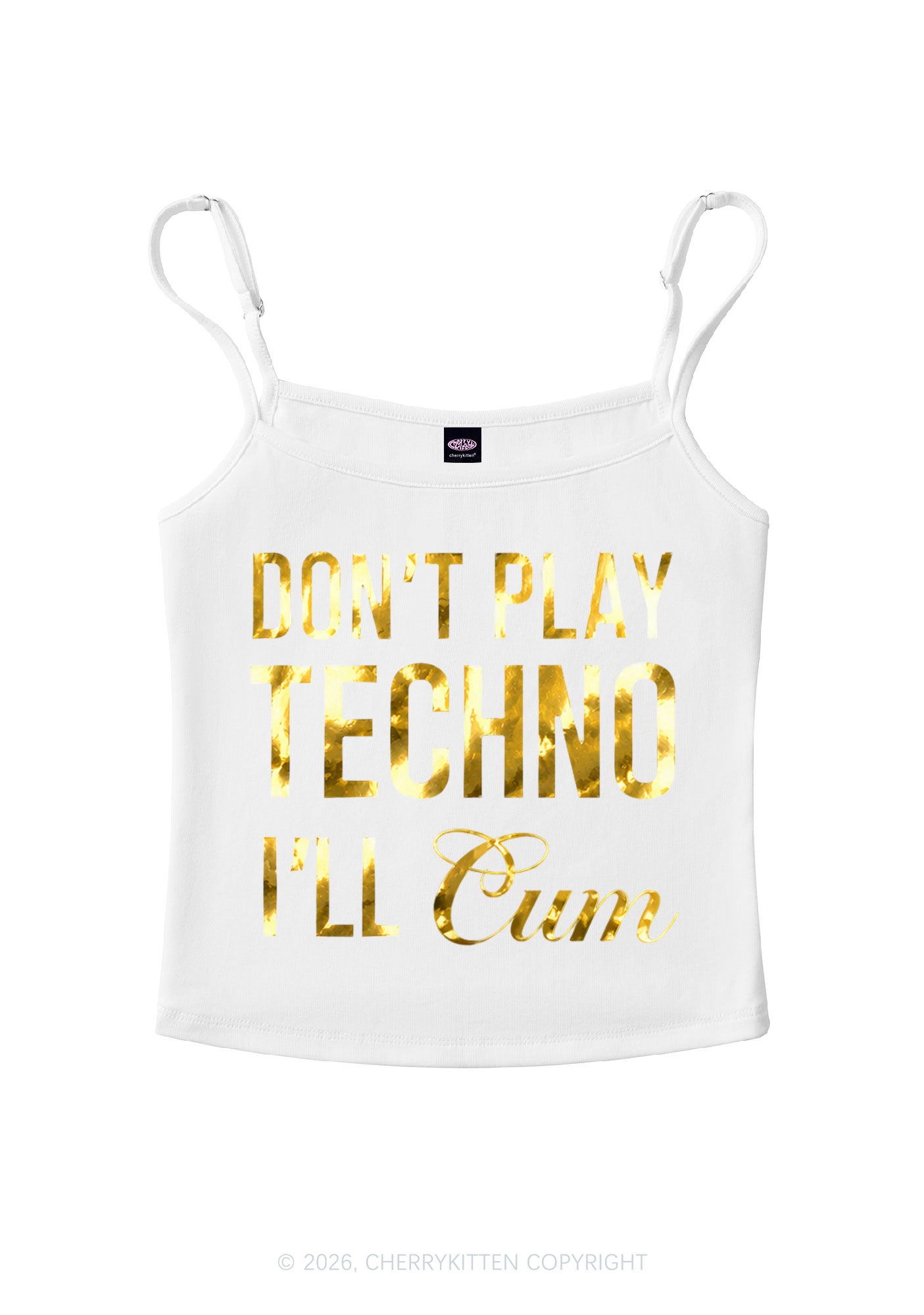 Dont Play Techno Silver Foil Printed Y2K Spaghetti Strap Cami Cherrykitten