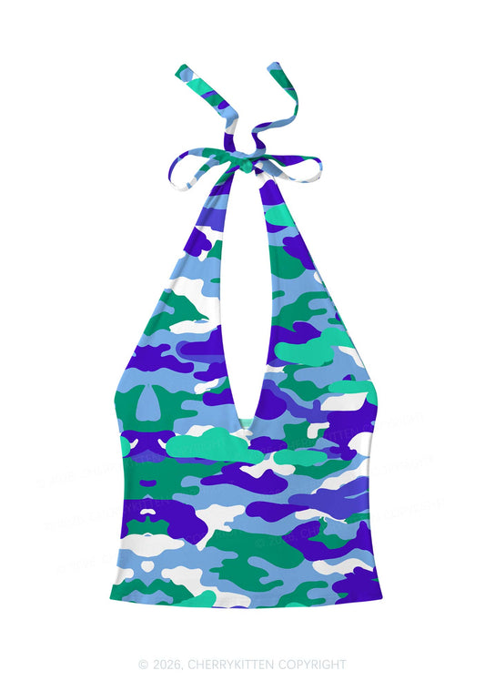 Gay Camouflage Pride Y2K Print Halter Deep V Neck Cami Cherrykitten