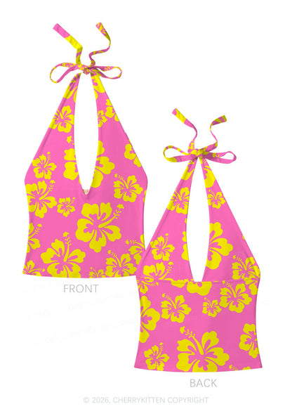 Yellow Floral On Pink Y2K Print Halter Deep V Neck Cami Cherrykitten