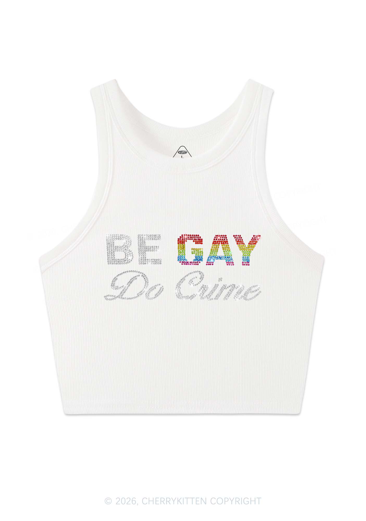 Rhinestone Be Gay Do Crime Pride Y2K Crop Tank Top Cherrykitten