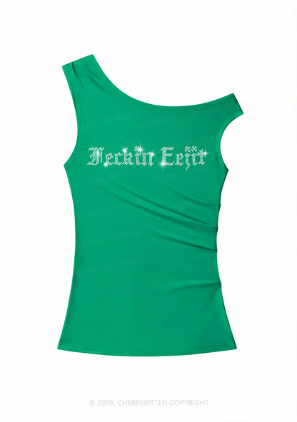 Rhinestone Feckin Eejit St Patricks Y2K Off Shoulder Tank Top Cherrykitten