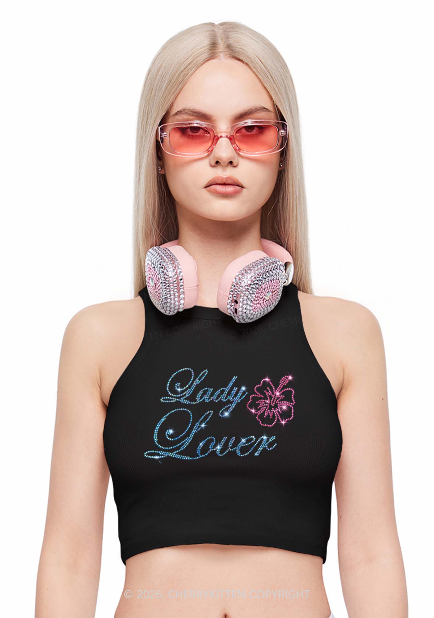 Rhinestone Lady Lover Pride Y2K Crop Tank Top Cherrykitten