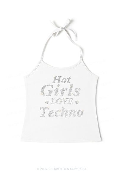 Rhinestone Hot Girls Love Techno Y2K Halter Neck Cami Cherrykitten