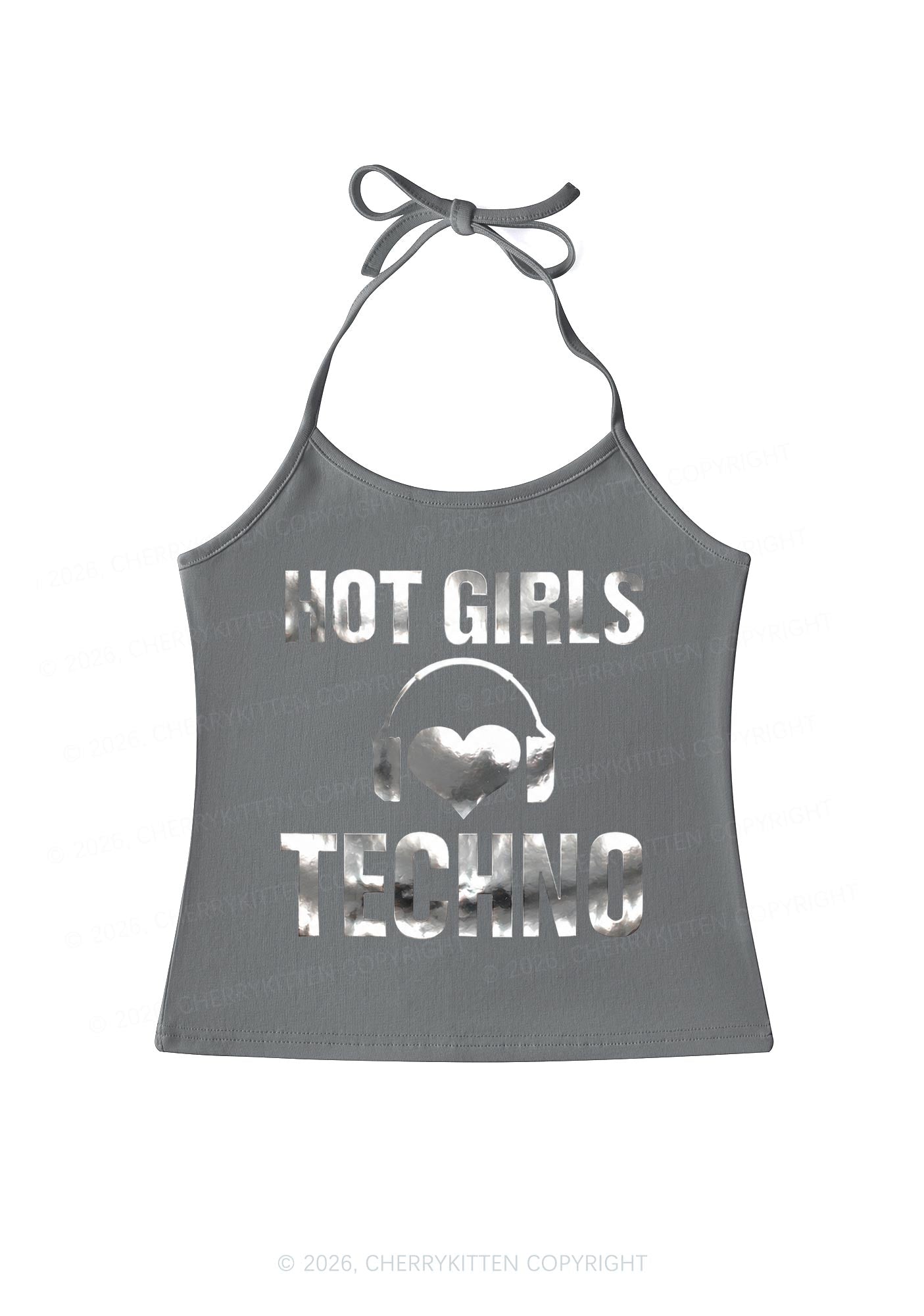 Hot Girls Love Techno Silver Foil Printed Y2K Halter Neck Cami Cherrykitten