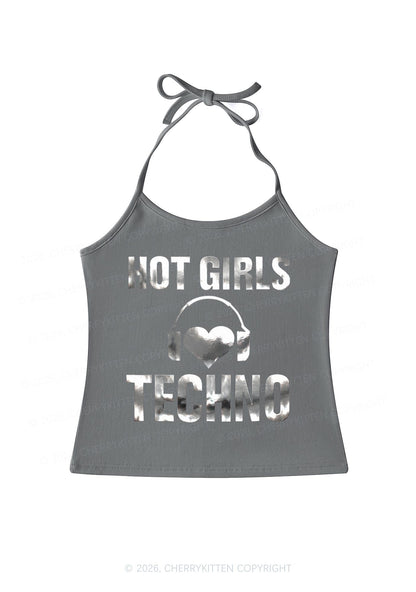Hot Girls Love Techno Silver Foil Printed Y2K Halter Neck Cami Cherrykitten