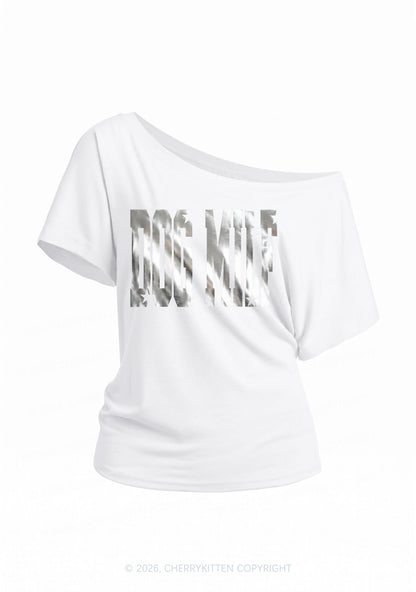 Dog Mxxf Silver Foil Printed Y2K Off Shoulder Tee Cherrykitten