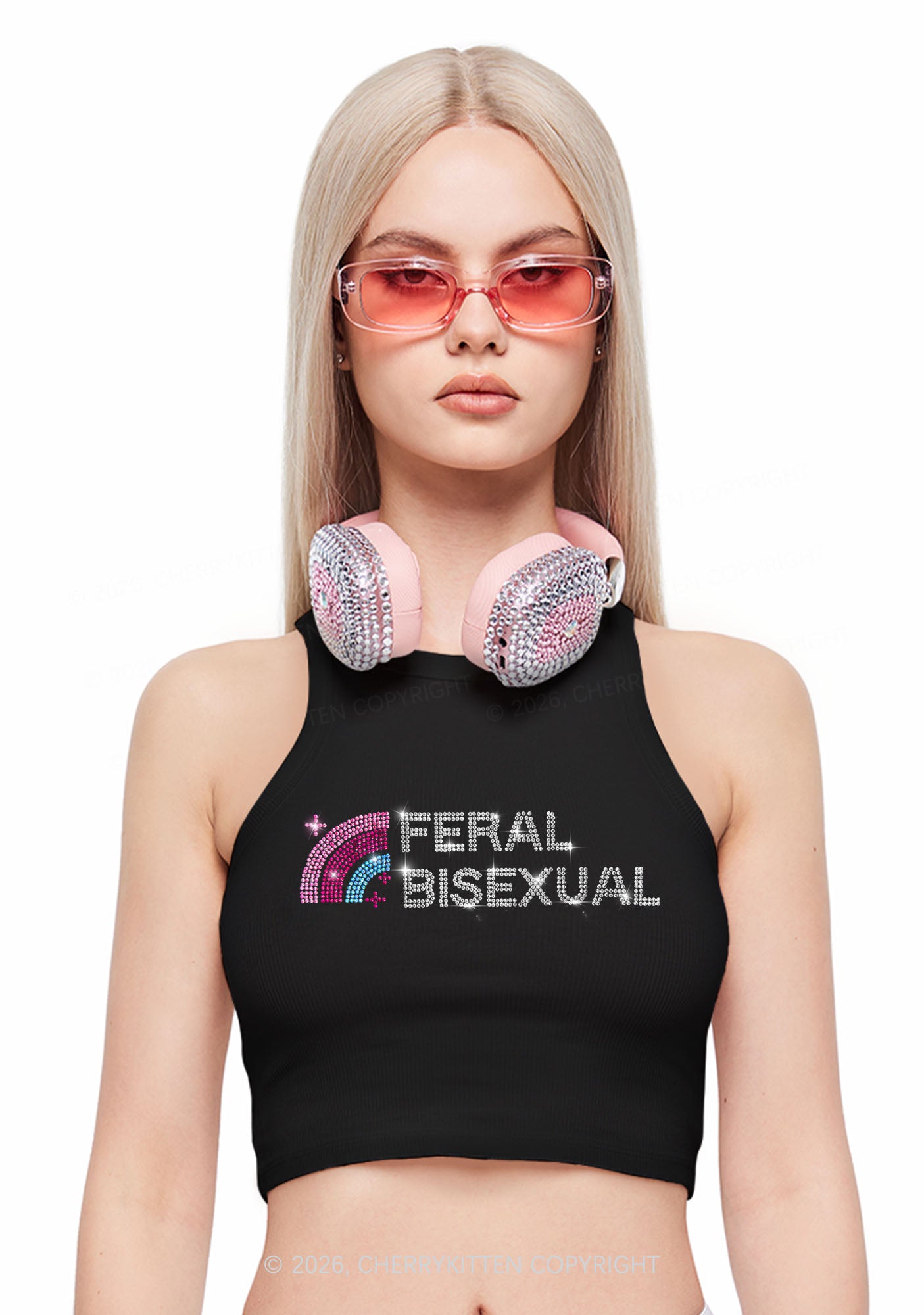 Rhinestone Feral Bisexual Pride Y2K Crop Tank Top Cherrykitten