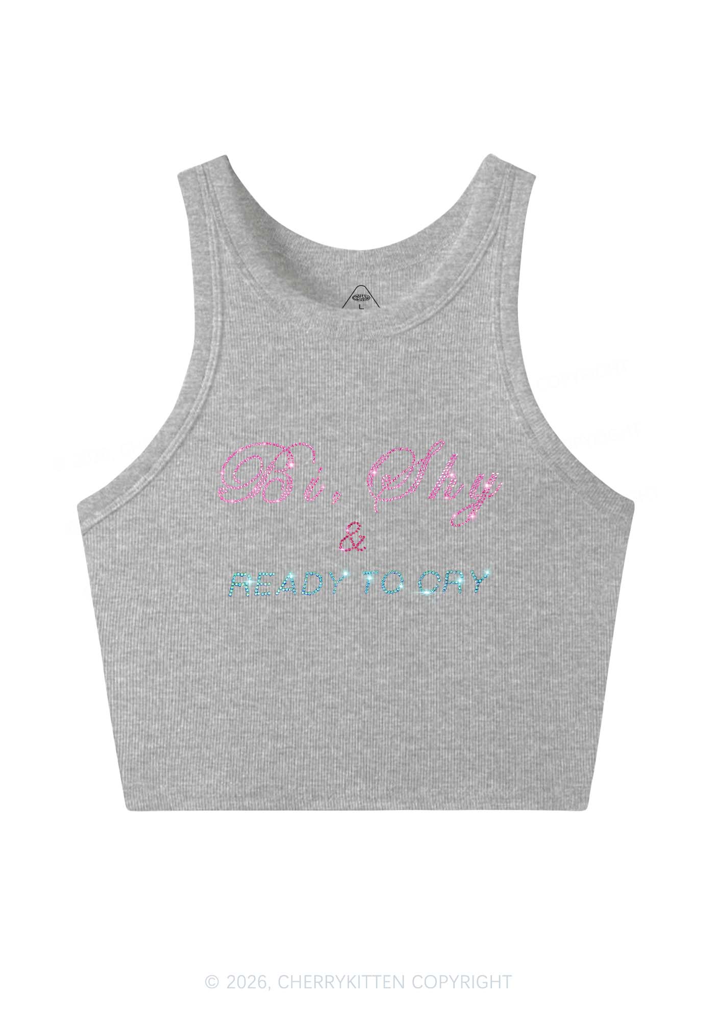 Rhinestone Bi Shy And Ready To Cry Pride Y2K Crop Tank Top Cherrykitten