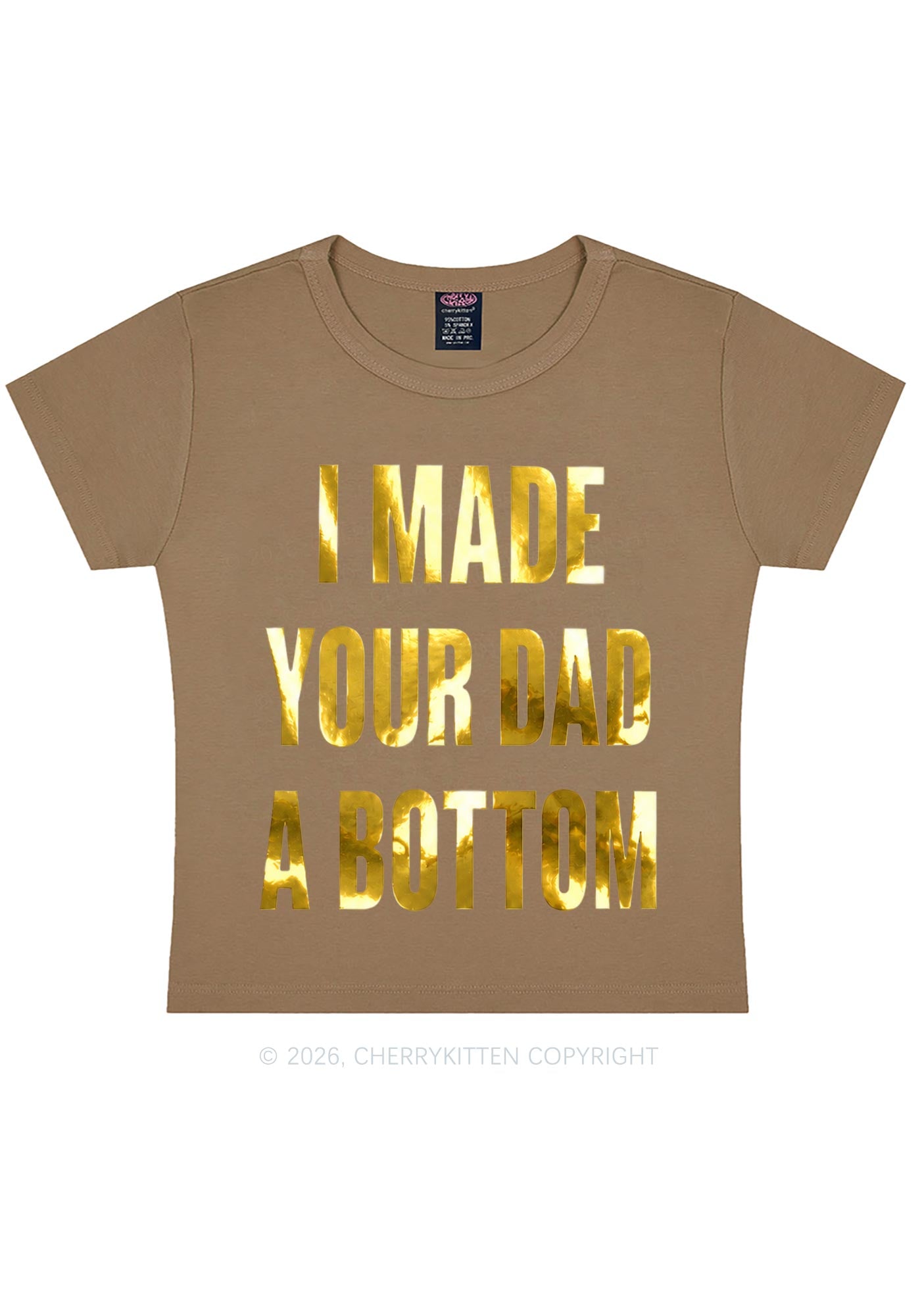 Made Your Dad A Bottom Pride Silver Foil Printed Y2K Baby Tee Cherrykitten