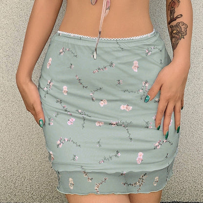 Green Floral Mesh Short Skirt