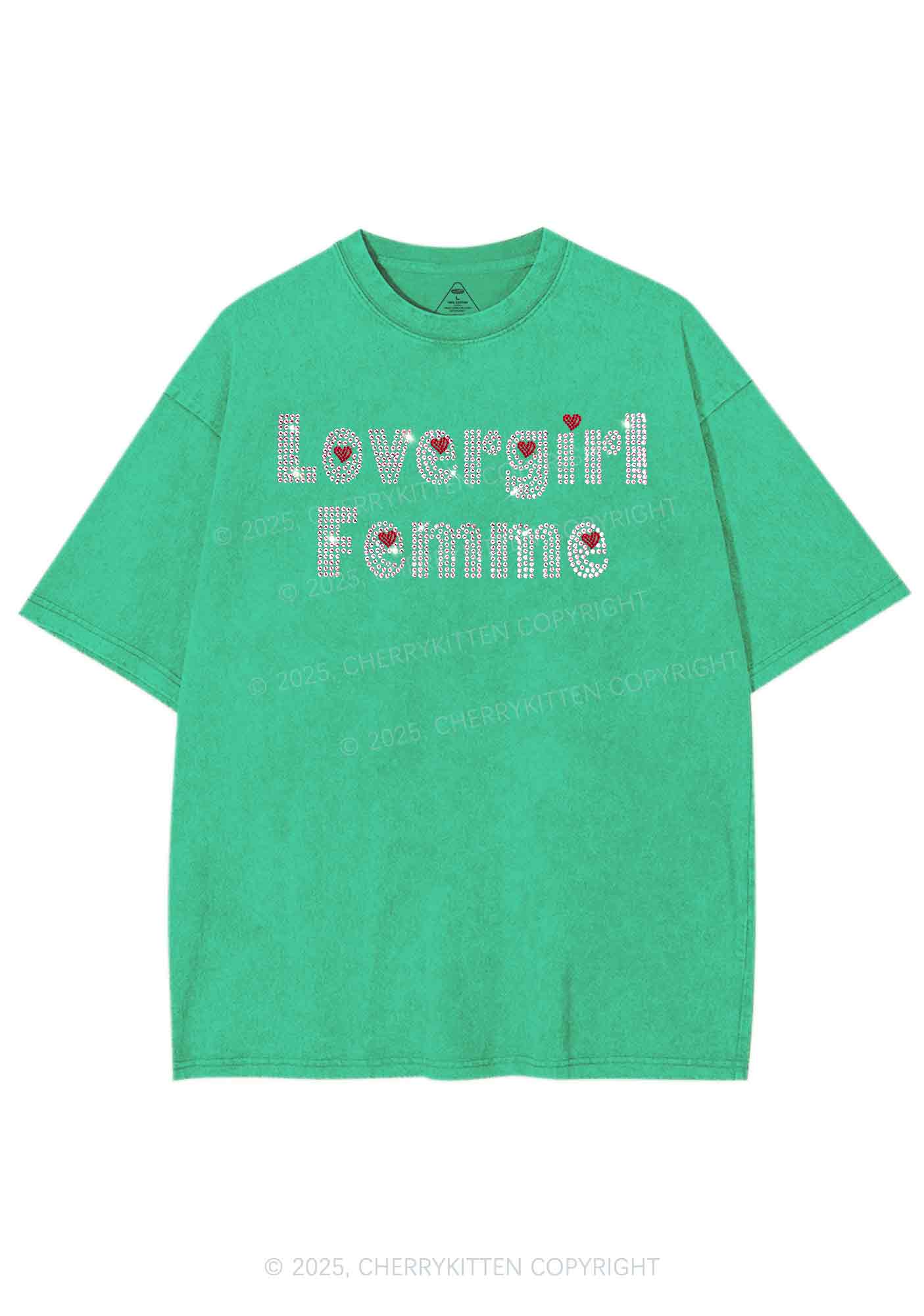 Rhinestone Lovergirl Femme Y2K Shirts Washed Tee Cherrykitten