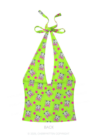 Pink Bow Cats Star Y2K Print Halter Deep V Neck Cami Cherrykitten