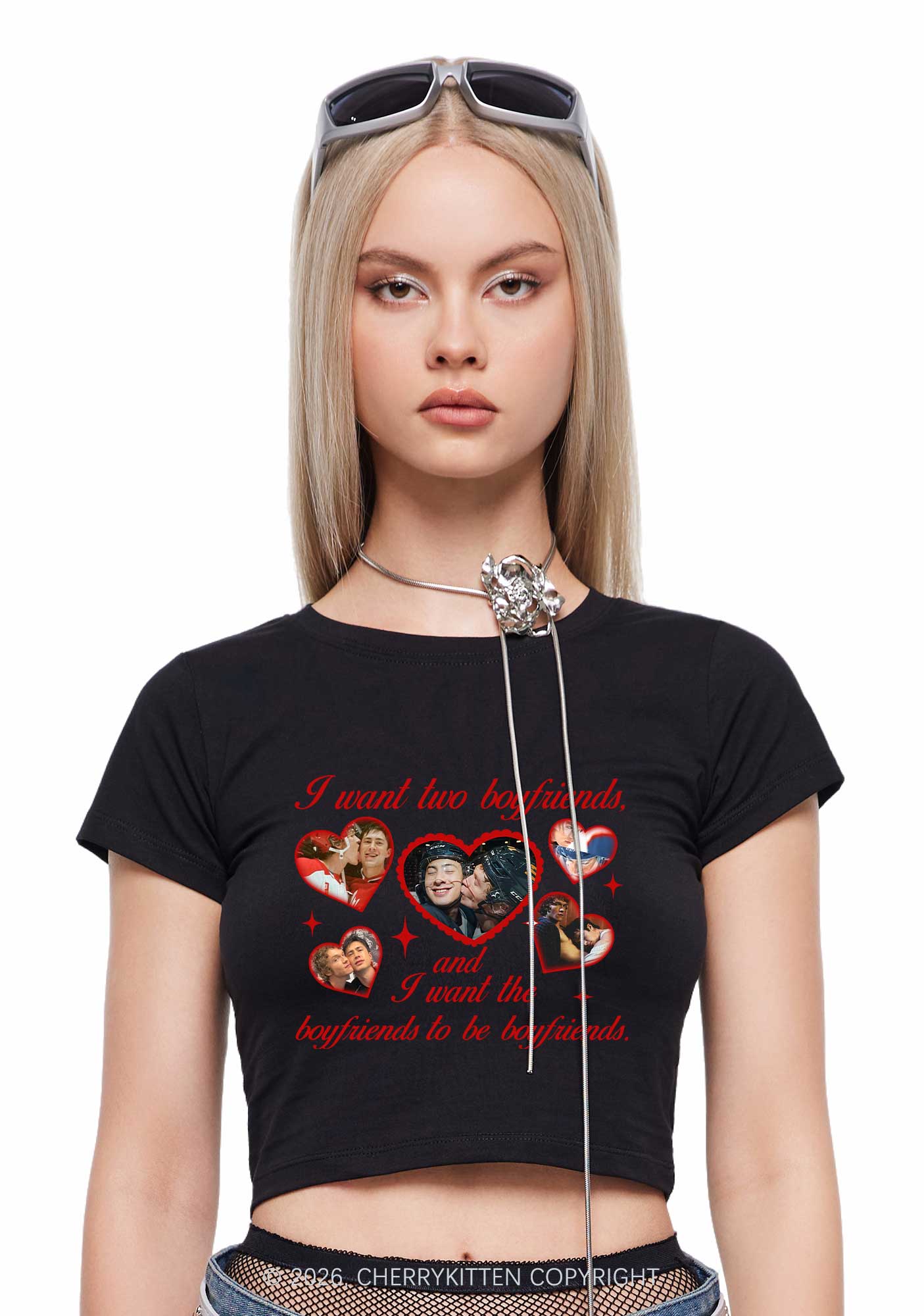 I Want Two Boyfriends HR Y2K Baby Tee Cherrykitten